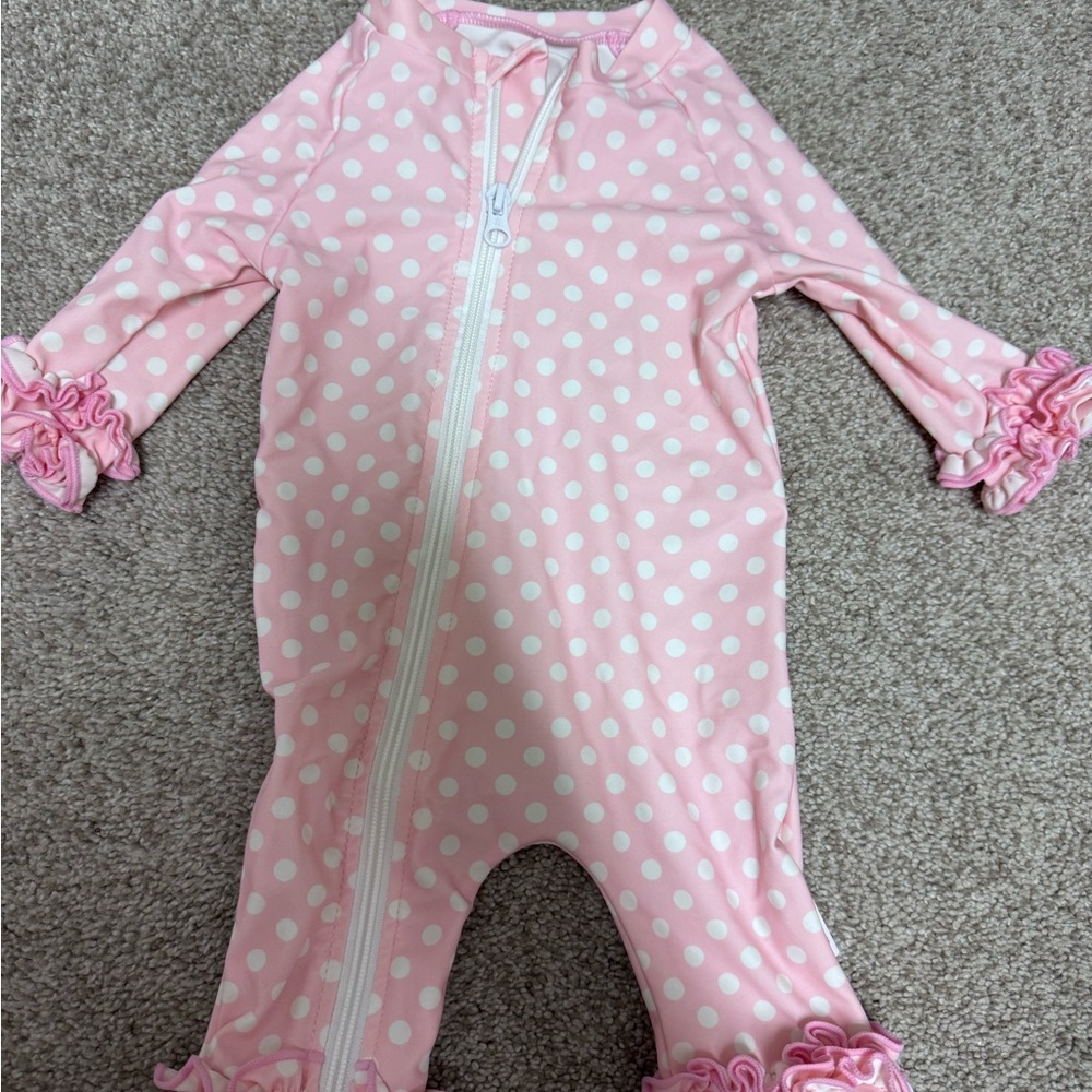 Pink and White Polka Dot full body bathing suit with Ruffles 6 months